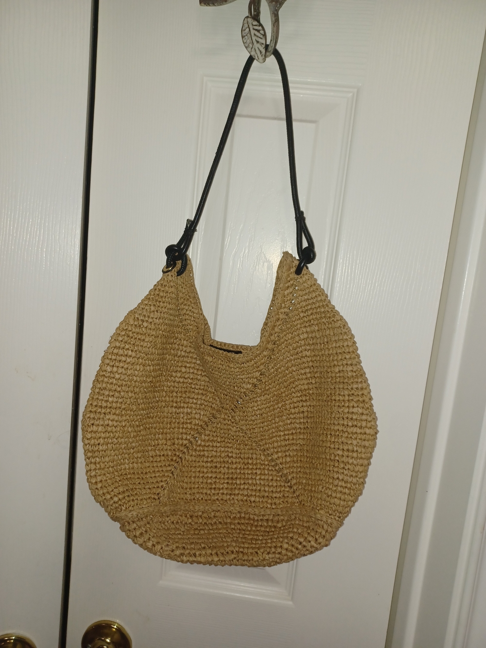 Madewell Straw Woven Hobo Bag with Black Strap - Natural